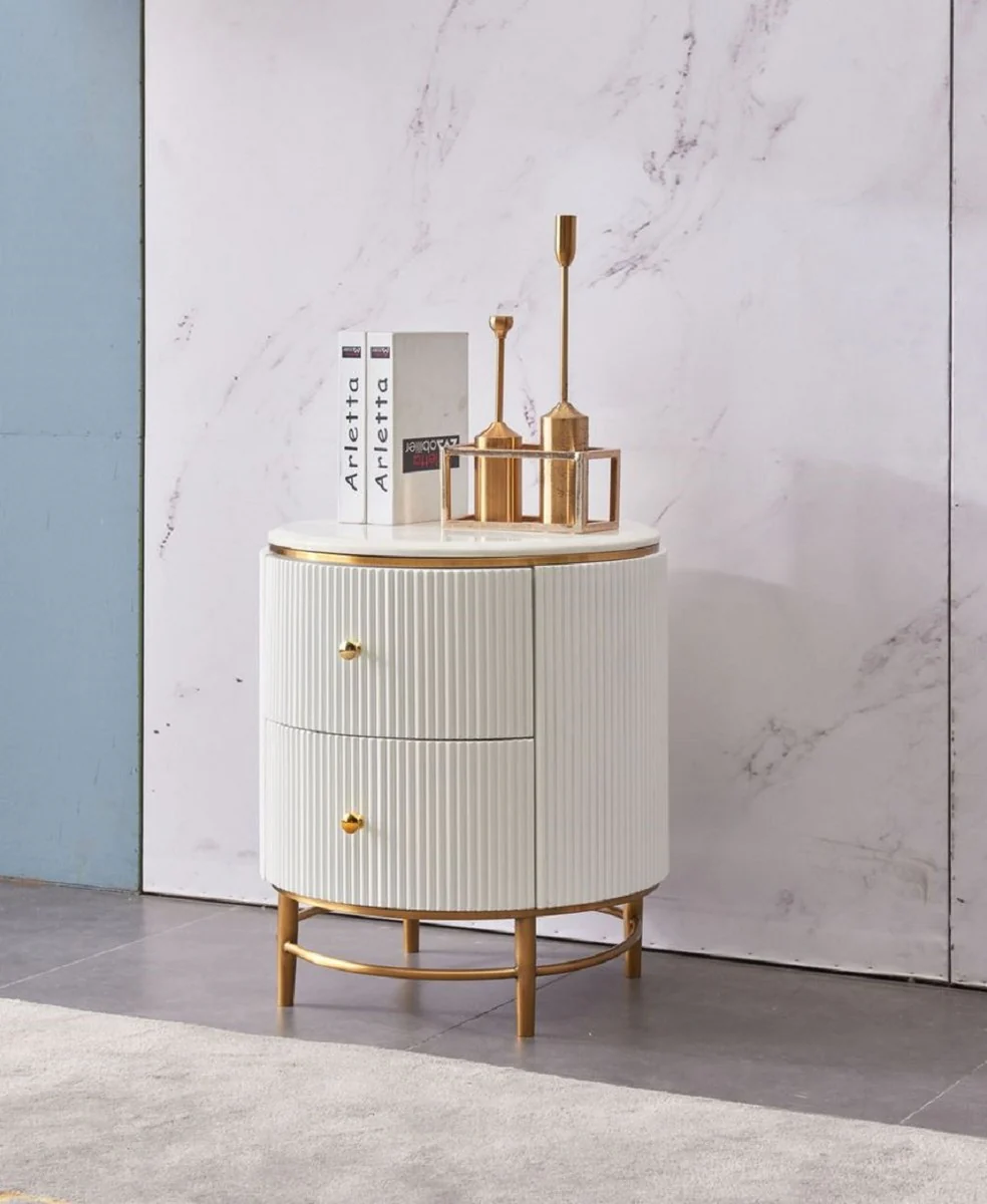 Casa Padrino mesa auxiliar de lujo blanco / latón / oro Ø 50 x A. 58 cm - Mesita de noche redonda con 2 cajones - Muebles Modernos