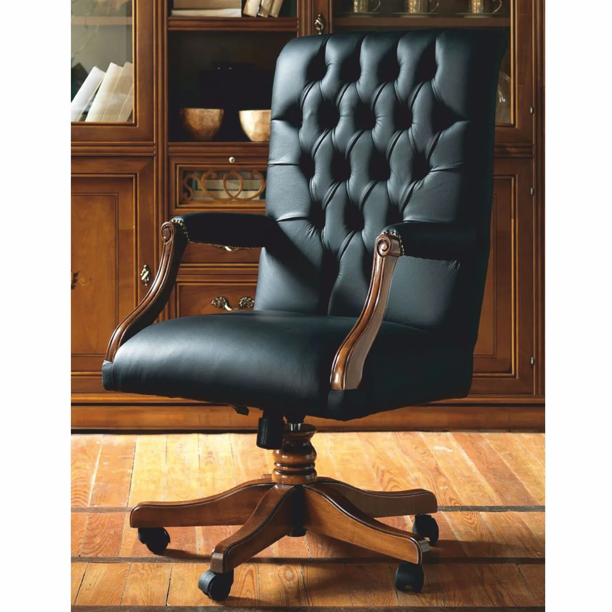 Casa Padrino Silla de Escritorio Barroco Chesterfield de Lujo en Cuero Negro / Marrón - Hecho en Italia