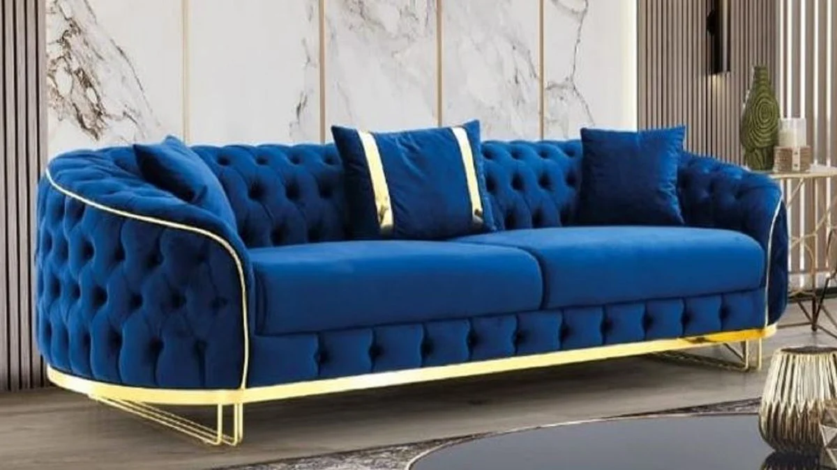 Casa Padrino sof¨¢ Chesterfield de lujo azul / oro 240 x 95 x A. 72 cm - Sof¨¢ de sal¨®n moderno - Muebles de Sal¨®n Chesterfield