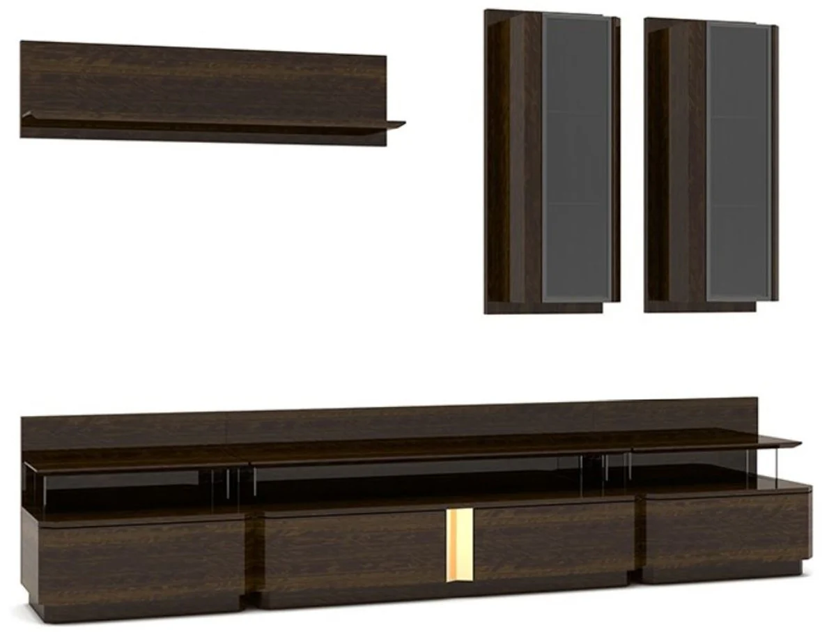 Casa Padrino conjunto de gabinete de TV para sala de estar de lujo marrón / gris / oro - 1 Gabinete de TV y 2 Gabinetes de Pared y 1 Estante de Pared - Conjunto de muebles - Calidad de Lujo