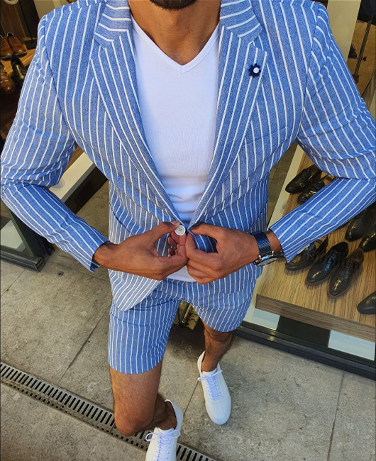 OK Casual Vertical Stripe Notch Lapel Two Button Blazer & Shorts 2Pcs Set