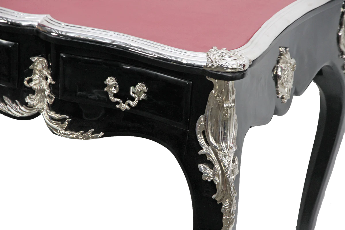 Casa Padrino escritorio barroco de lujo con 3 cajones y aplicaci¨®n de metal s¨®lido negro / plata / burdeos 141 x 65 x H. 80 cm - Muebles de Oficina Barrocos