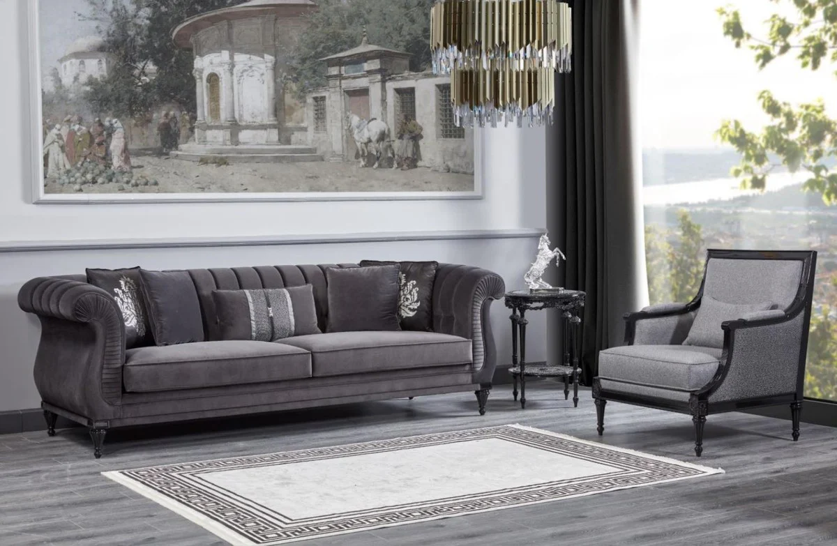 Casa Padrino sill¨®n barroco de lujo gris / negro - Magn¨ªfico sill¨®n de sal¨®n - Muebles de sal¨®n de estilo barroco - Muebles de lujo de estilo barroco - Mobiliario barroco - Noble y Magn¨ªfico