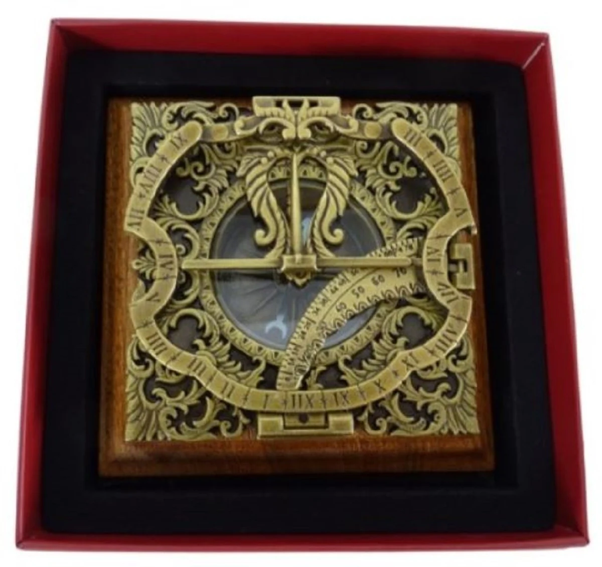 Casa Padrino reloj de sol de estilo antiguo de lujo oro / marrón 10 x 10 x A. 10 cm - Reloj de sol de mesa de latón con base de madera - Accesorios decorativos de estilo antiguo de lujo