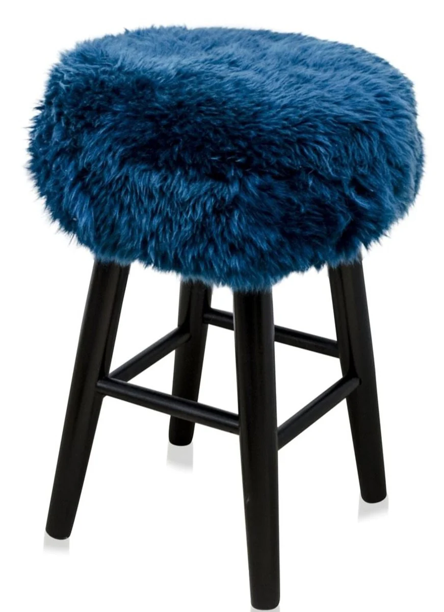 Casa Padrino Luxury Stool Blue / Black Ø 40 x H. 57 cm - Stool with Sheepskin
