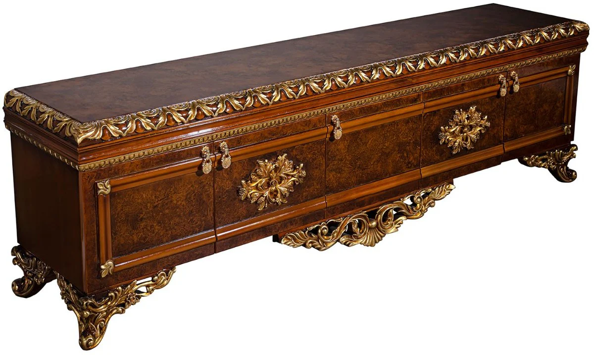 Casa Padrino conjunto de muebles barrocos de lujo marrón / oro - Armario de TV de madera maciza noble con 2 vitrinas - Muebles de salón barrocos