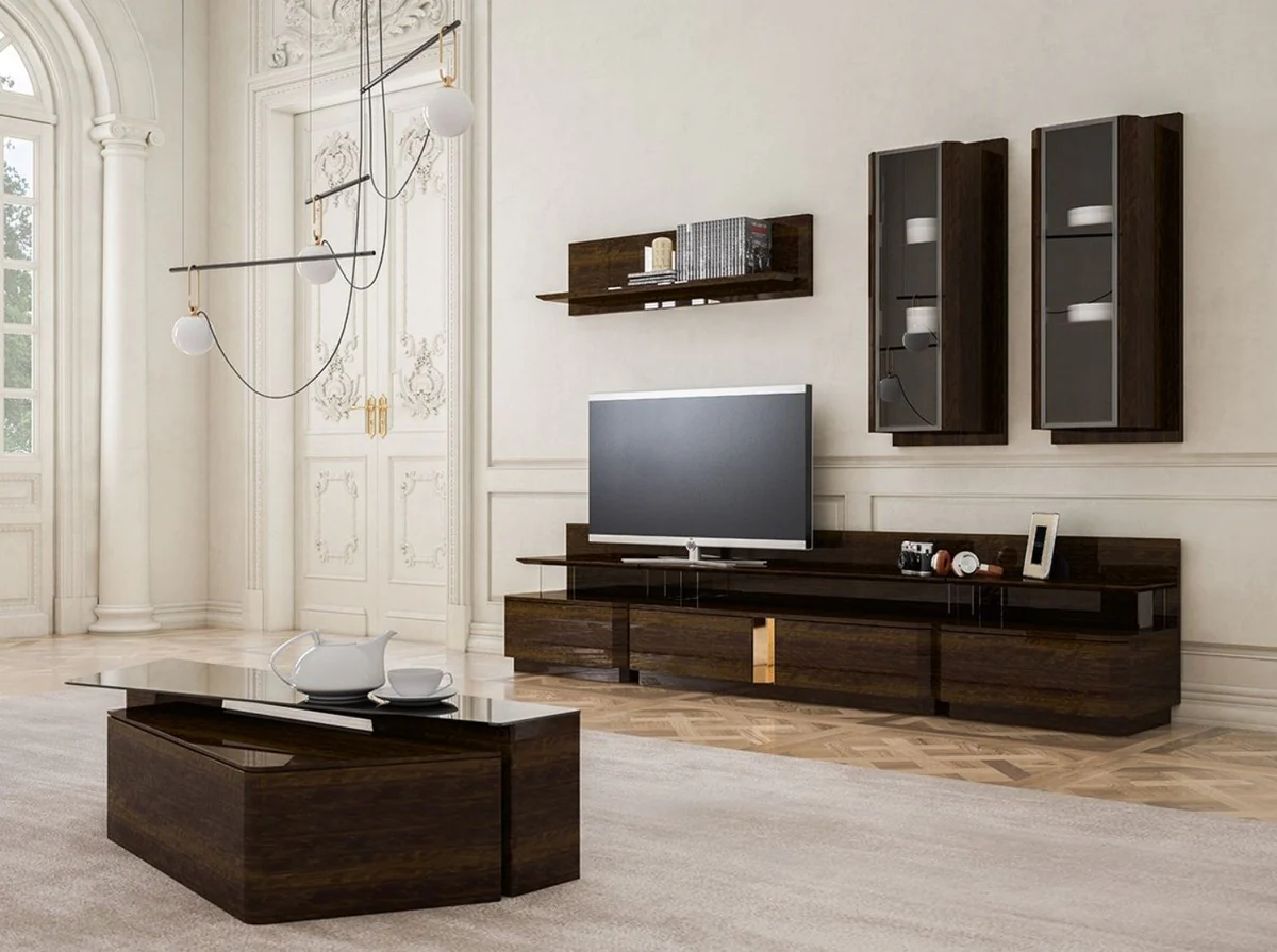 Casa Padrino conjunto de gabinete de TV para sala de estar de lujo marrón / gris / oro - 1 Gabinete de TV y 2 Gabinetes de Pared y 1 Estante de Pared - Conjunto de muebles - Calidad de Lujo