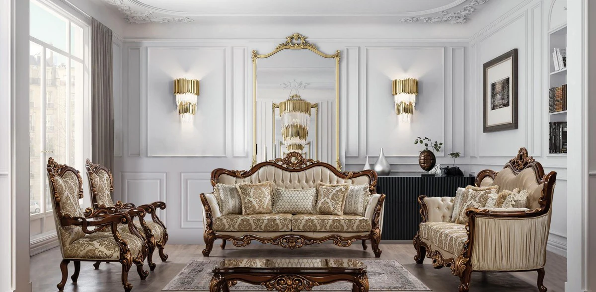 Casa Padrino conjunto de sala de estar barroco de lujo beige / marr¨®n / cobre - 2 Sof¨¢s Barrocos con Patr¨®n y 2 Sillones Barrocos con Patr¨®n y 1 Mesa de Centro Barroco - Muebles de sal¨®n barrocos