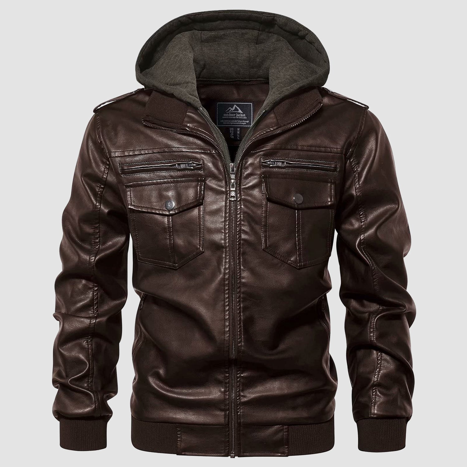 Men's PU Faux Leather Jacket Bomber Jacket with Removable Hood Motorcycle Jacket