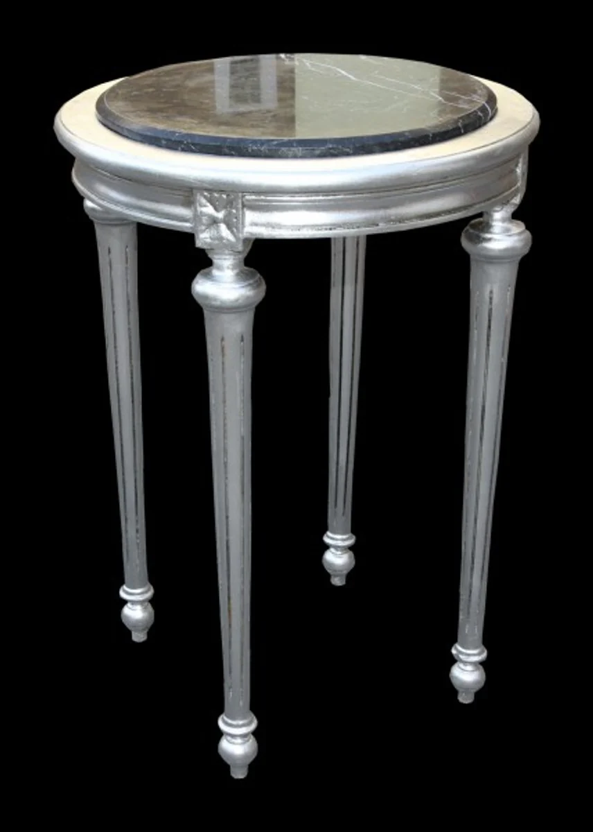 Casa Padrino Baroque Side Table round marble-topped silver / black H 72 cm, W 49 cm Mod Y30 antique style