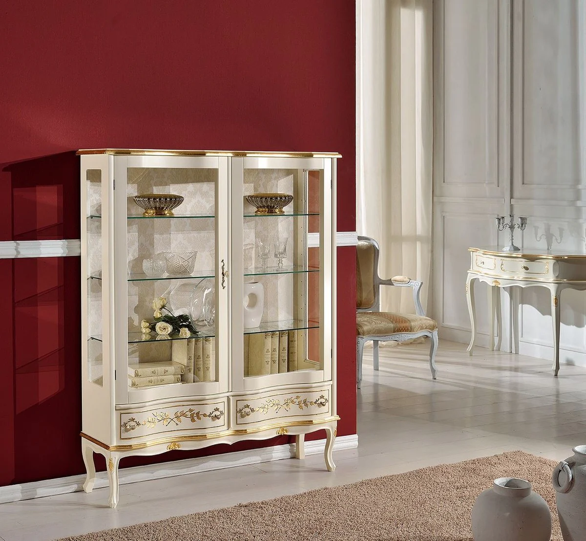 Casa Padrino vitrina barroco de lujo crema / oro - Vitrina de estilo barroco italiano - Muebles de estilo barroco hechos a mano - Muebles barrocos italianos - Calidad de Lujo - Hecho en Italia