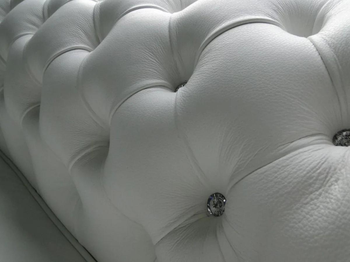 Casa Padrino Chesterfield sof¨¢ de 3 plazas de cuero genuino en blanco con piedras brillantes 200 x 90 x H. 78 cm - Muebles de Lujo