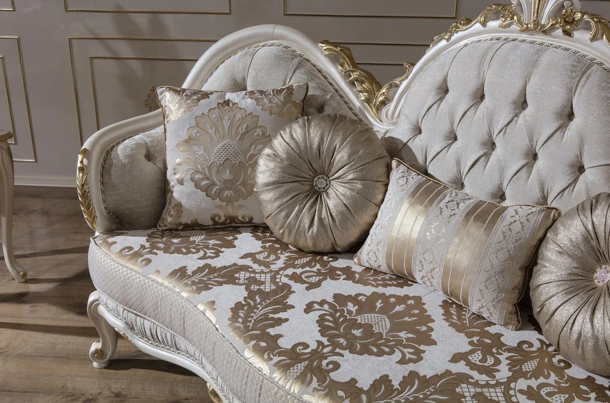 Casa Padrino sof¨¢ barroco de lujo gris / blanco / oro 220 x 80 x A. 124 cm - Magn¨ªfico sof¨¢ de sal¨®n con cojines decorativos - Muebles Barrocos