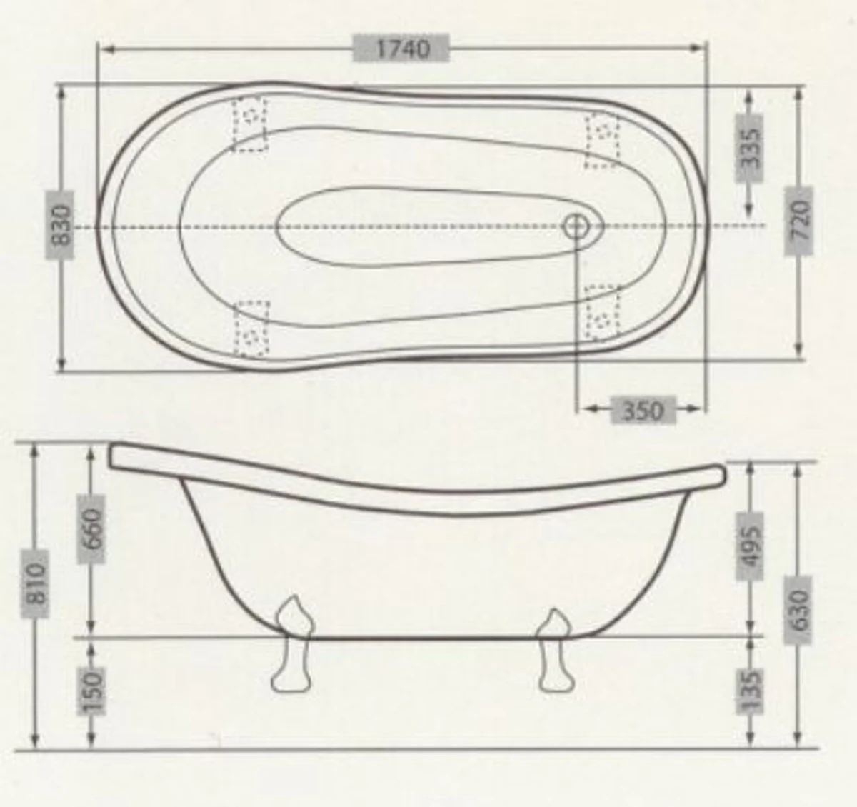 Casa Padrino bañera Art Nouveau de lujo blanco / azul zafiro / oro 174 x 83 x A. 81 cm - Bañera retro independiente con pies de león - Muebles de baño retro