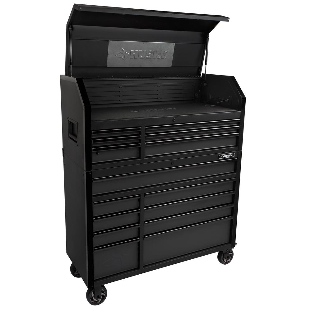 INDUSTRIAL 52 IN. W X 21.5 IN. D 15-DRAWER TOOL CHEST AND ROLLING CABINET COMBO WITH LED LIGHT IN MATTE BLACK
