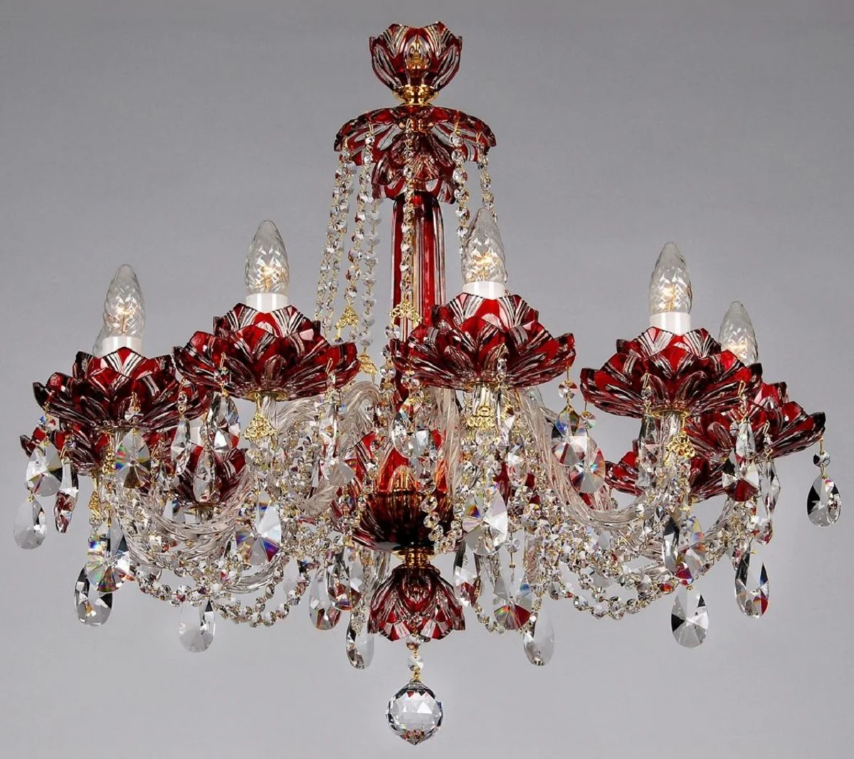 Casa Padrino araña de luces barroco de lujo rojo / oro Ø 72 x H. 67 cm - Lámpara de Araña de Hotel y Restaurante - Luces Barrocos - Noble y Magnífico