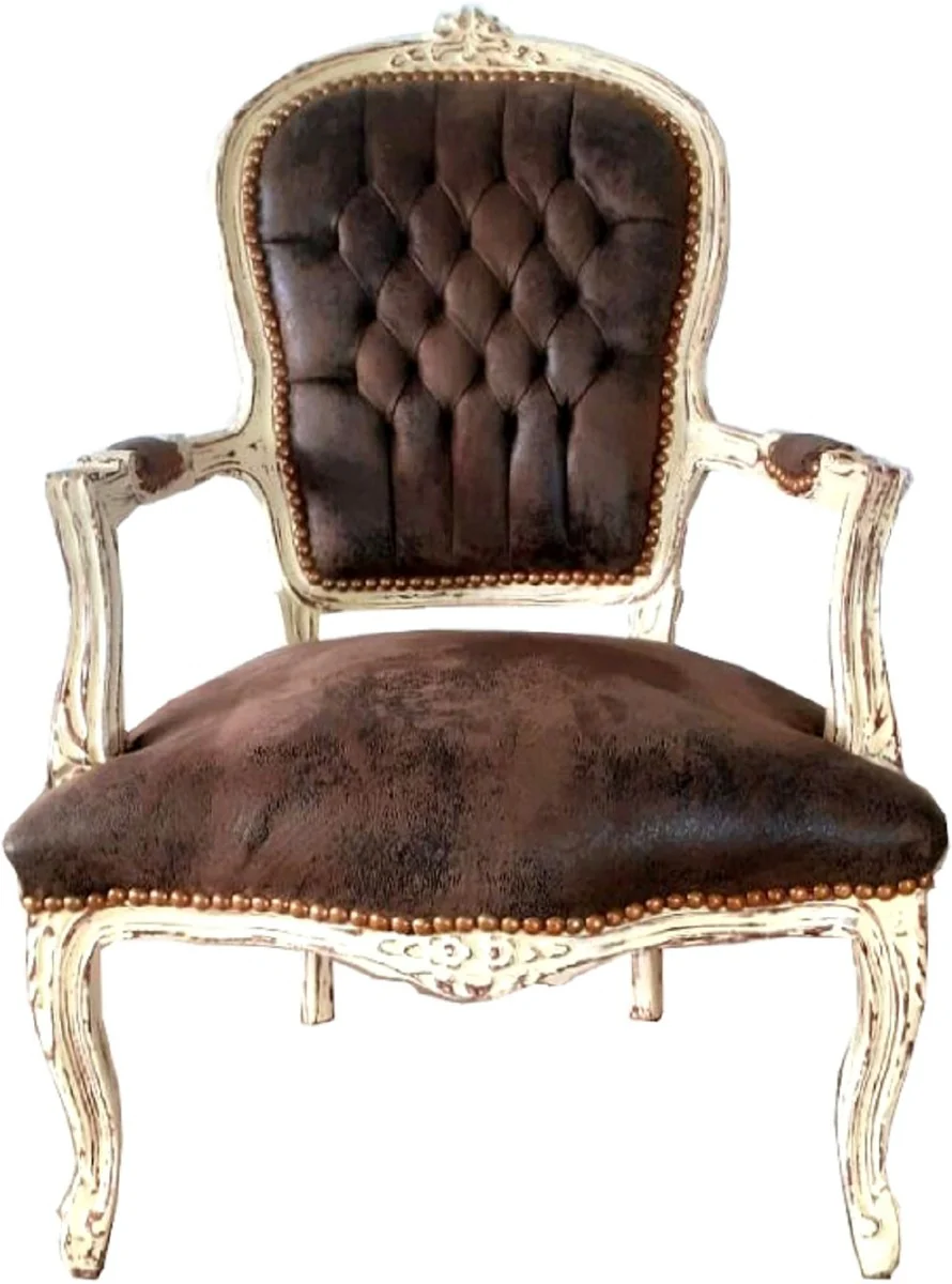 Casa Padrino sill¨®n de sal¨®n barroco aspecto cuero marr¨®n / crema estilo antiguo 60 x 50 x A. 93 cm - Silla de estilo antiguo hecha a mano con cuero de imitaci¨®n fino - Muebles de estilo barroco