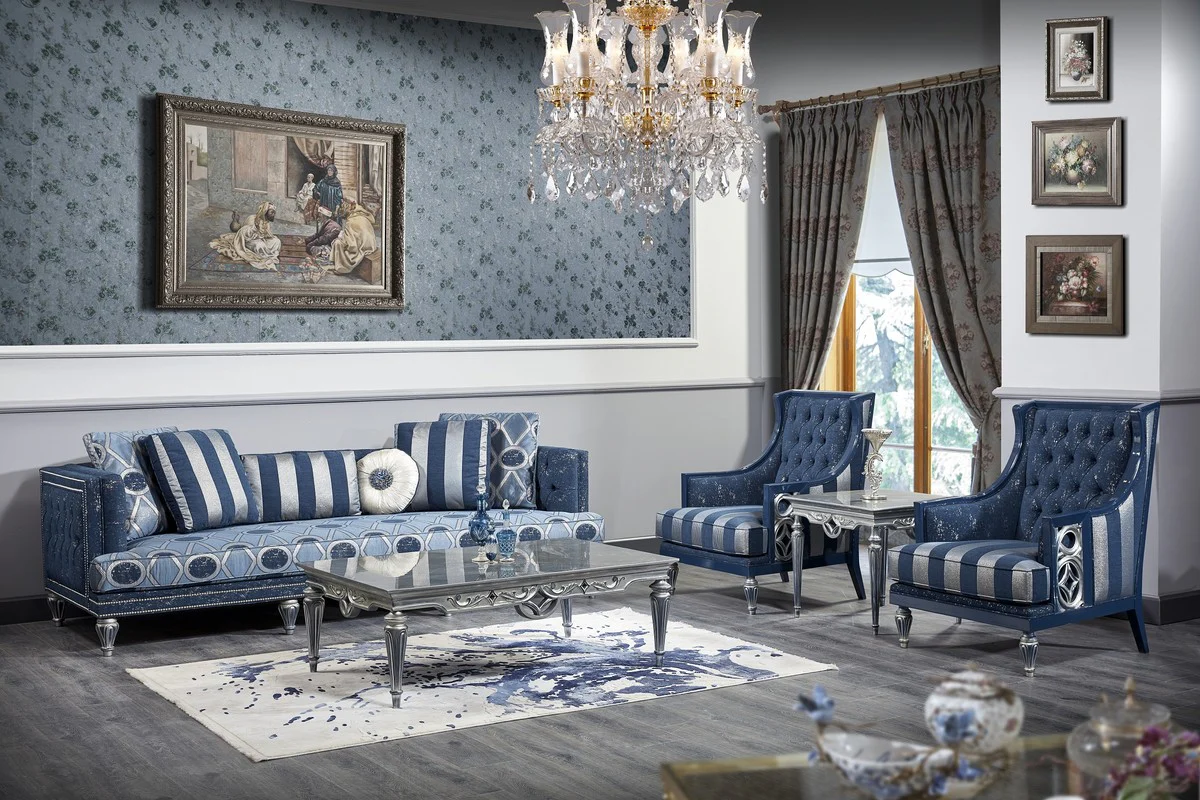 Casa Padrino Sill¨®n para Sala de Estar Barroco de Lujo Chesterfield Azul / Plata Rayas 77 x 76 x H. 100 cm - Muebles Barrocos