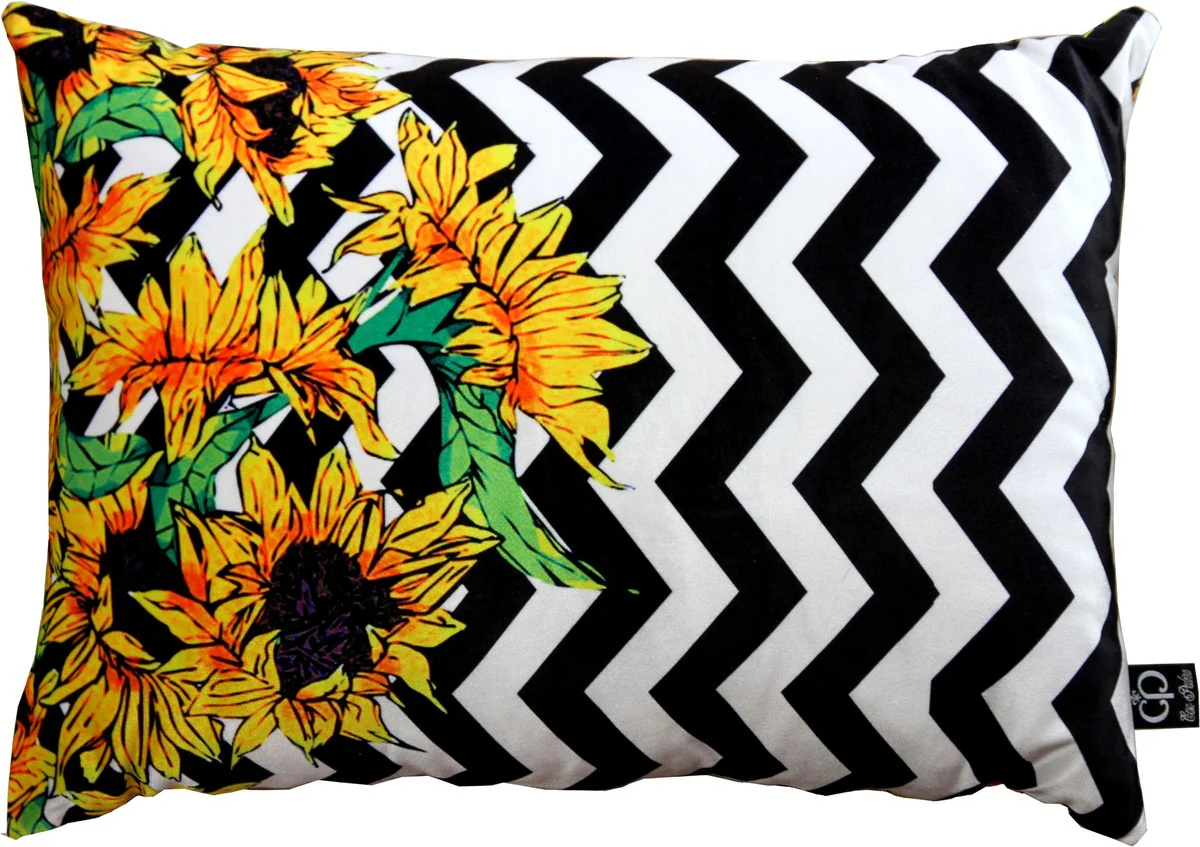 Almohada decorativa de lujo Casa Padrino Girasoles de Virginia Negro / Blanco / Multicolor 35 x 55 cm - Terciopelo fino - Almohadas para sala de estar