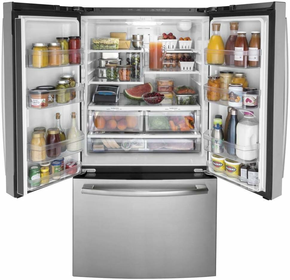 GE GNE27JYMFS 36 French Door Refrigerator with 27 cu. ft. Total Capacity Energy Star LED Lighting Internal Water Dispenser Spill-Proof Shelves in Fingerprint Resistant Stainless Steel