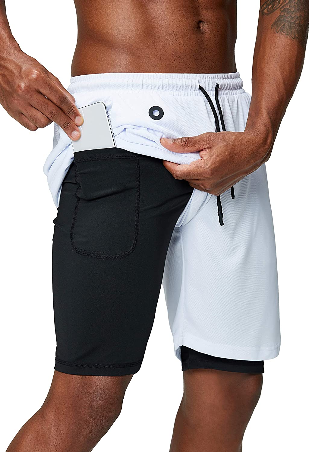 Men's 2 in 1 Running Shorts Gym Workout Quick Dry Mens Shorts with Phone Pocket