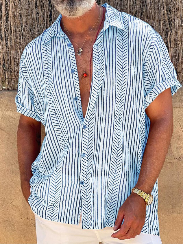 Shirts For Father Retro Striped Chest Pocket Short Sleeve Shirt