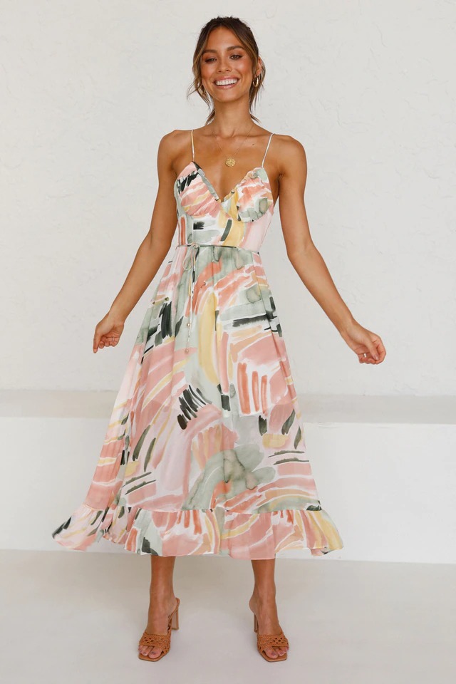 Women's V-neck Tie Tropical Print Dress