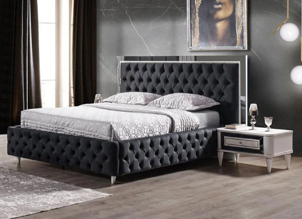 Casa Padrino conjunto de dormitorio de madera maciza de lujo gris oscuro / blanco - 1 Cama Doble con Cabecera y 2 Mesitas de Noche - Muebles de dormitorio - Colección de Lujo