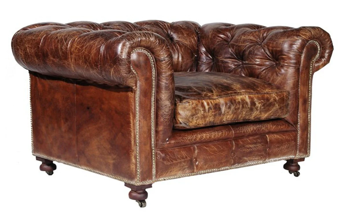 Casa Padrino Chesterfield Luxury Real leather chair Vintage Cigar Brown Leather Kensington - Club Chairs
