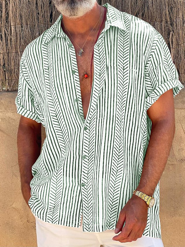 Shirts For Father Retro Striped Chest Pocket Short Sleeve Shirt