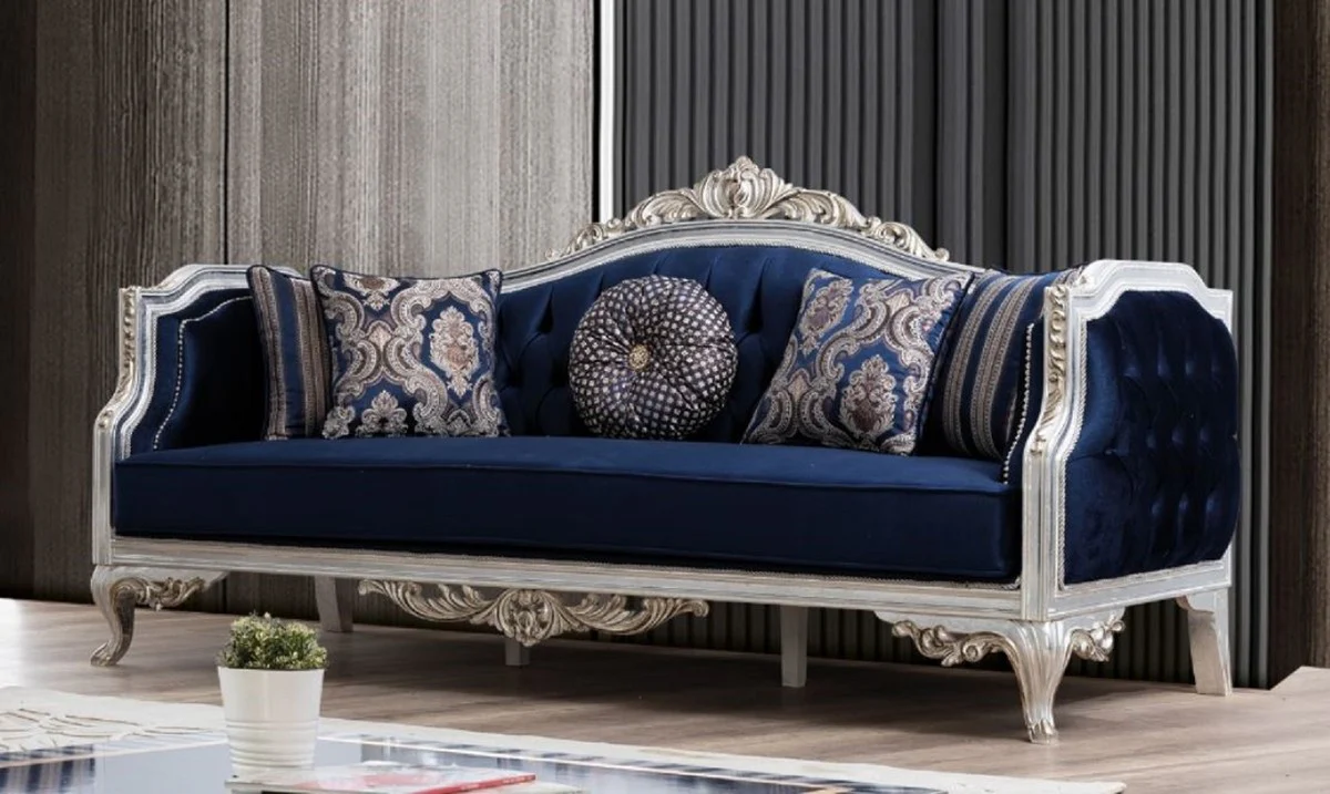 Casa Padrino sof¨¢ barroco de lujo azul / plata / oro 228 x 90 x A. 110 cm - Sof¨¢ de sal¨®n en estilo barroco - Muebles Barrocos - Noble y Magn¨ªfico