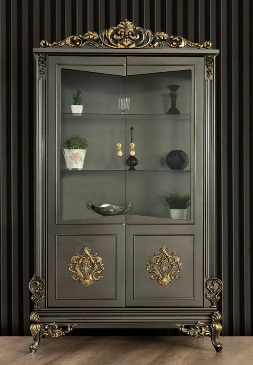 Casa Padrino vitrina de sal¨®n barroco de lujo gris / oro 130 x 55 x A. 210 cm - Magn¨ªfica vitrina barroco con 2 puertas de vidrio - Muebles Barrocos Nobles