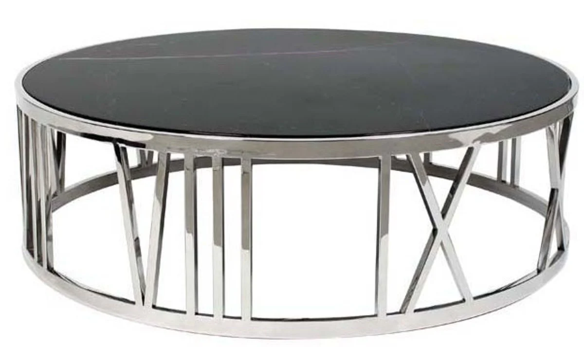 Casa Padrino luxury Art Deco coffee table round polished stainless steel with marble top - Luxury Collection