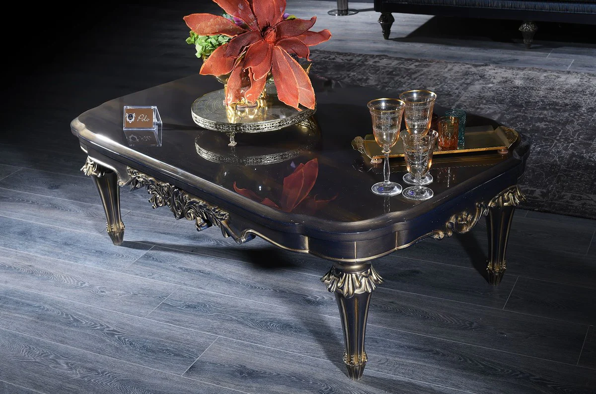 Casa Padrino conjunto de sala de estar barroco de lujo azul / oro - 2 Sof¨¢s y 2 Sillones y 1 Mesa de Centro y 2 Mesa Auxiliares - Muebles Barrocos Adornados - Calidad de Lujo