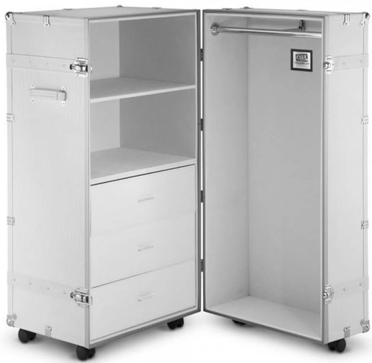 Casa Padrino gabinete de la maleta de cuero sint¨¦tico de lujo en estilo vintage blanco / plata 60 x 69 x A. 120 cm - Gabinete de la Maleta con Ruedas - Colecci¨®n de Lujo