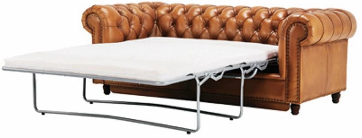 Casa Padrino sof¨¢ cama Chesterfield de lujo de cuero genuino marr¨®n claro / marr¨®n 220 cm - Muebles de cuero genuino