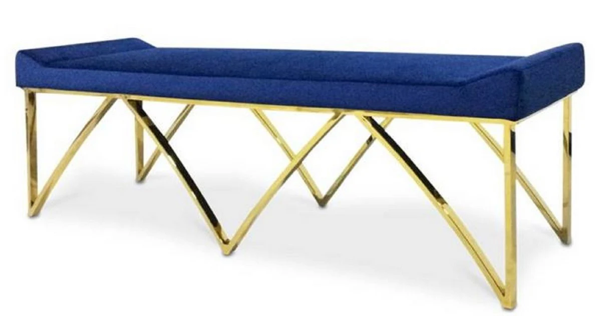 Casa Padrino banco de lujo azul / oro 152 x 65 x H. 50 cm - Banco Acolchado de Terciopelo con Patas de Acero Inoxidable - Calidad de Lujo