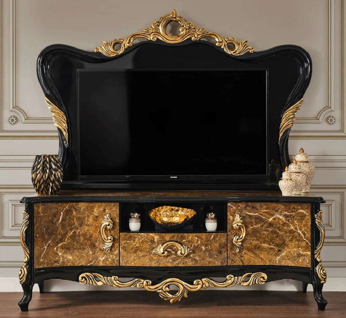 Casa Padrino gabinete de TV barroco de lujo marrón / negro / oro 180 x 50 x A. 190 cm - Magnífico aparador de madera maciza - Muebles de salón barrocos