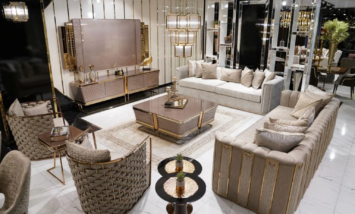 Casa Padrino gabinete de TV de lujo gris / oro 254 x 50 x A. 65 cm - Aparador de madera maciza con 4 puertas - Muebles de sal¨®n - Muebles de lujo - Interiores de lujo