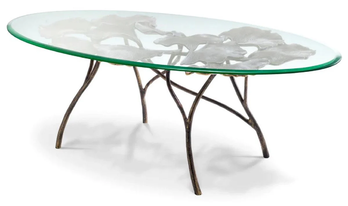 Casa Padrino mesa de centro de lujo lat¨®n vintage 130 x 70 x A. 46 cm - Mesa de sal¨®n ovalada de aluminio con tapa de vidrio - Muebles de lujo - Muebles de sal¨®n - Interiores de lujo