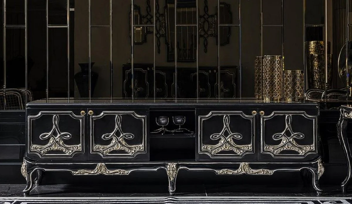 Casa Padrino armario de TV barroco de lujo negro / oro - Magnífico aparador de salón con 4 puertas - Muebles de salón barrocos