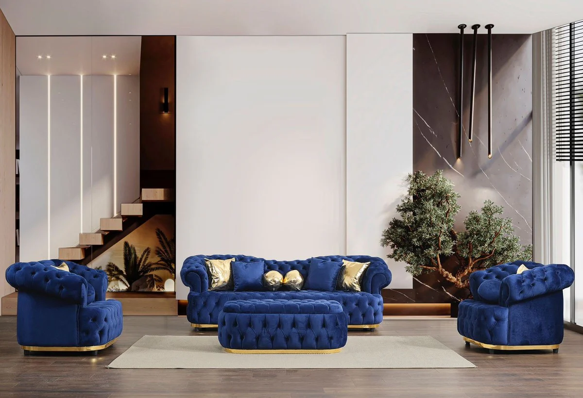 Casa Padrino taburete Chesterfield de lujo de terciopelo azul / oro 110 cm