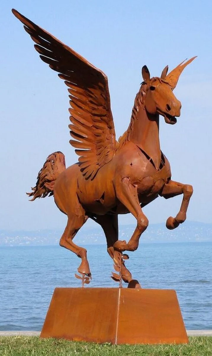 Casa Padrino escultura decorativa de lujo caballo Pegaso con pedestal ¨®xido 288 x 175 x A. 305 cm - Escultura de acero de tama?o natural - Figura decorativa de jard¨ªn enorme - Esculturas de jard¨ªn