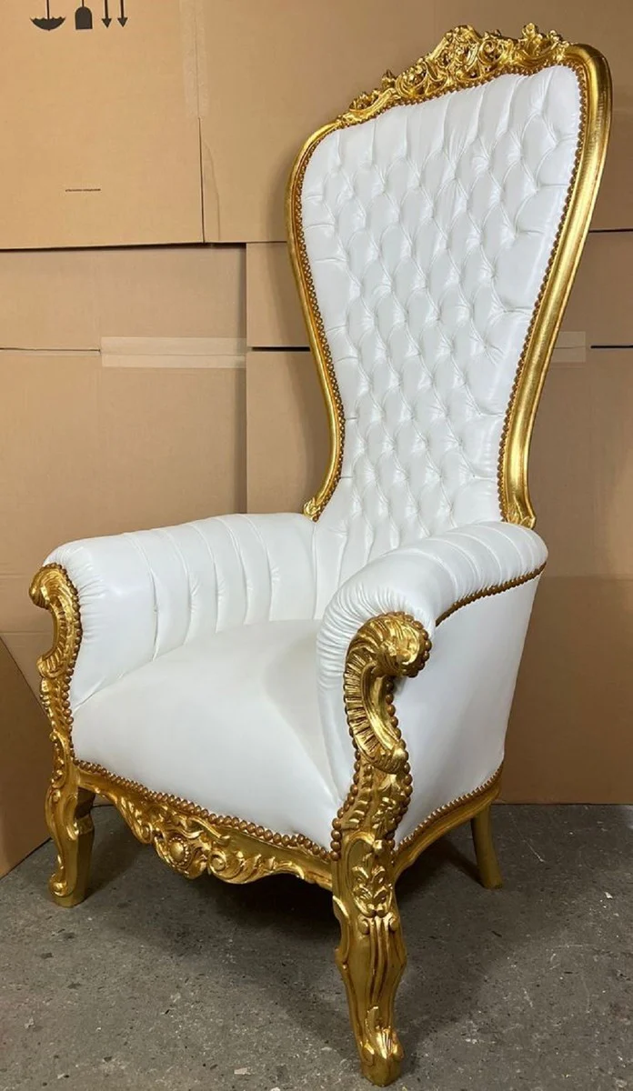 Casa Padrino sill¨®n de trono barroco con cuero artificial blanco / oro - Sill¨®n sill¨®n real - Sill¨®n de boda hecho a mano - Sill¨®n gigante barroco - Muebles barrocos