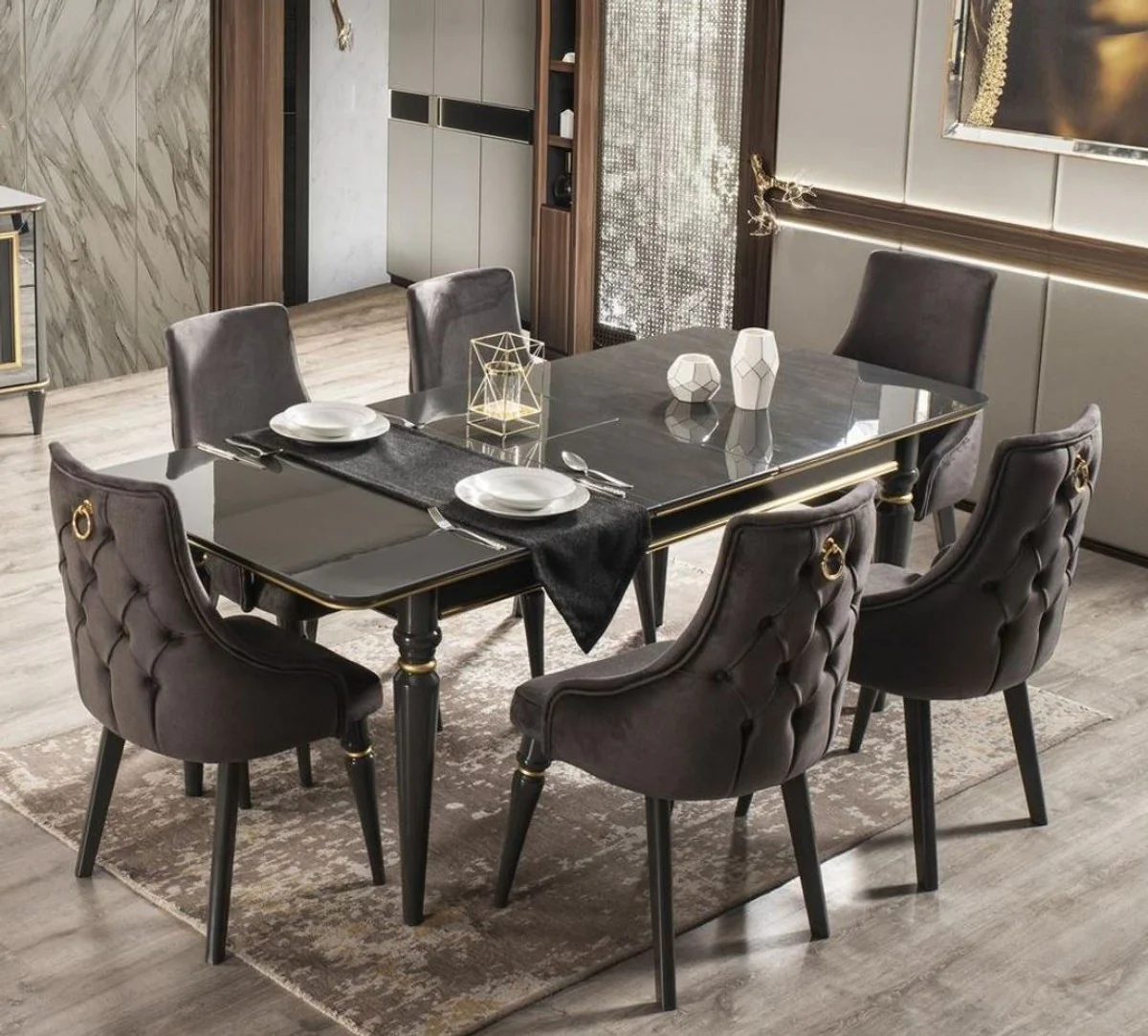 Casa Padrino conjunto de comedor Art Deco de lujo gris / oro - 1 Mesa de Comedor Extensible y 6 Sillas de Comedor - Muebles de Comedor Art Deco - Calidad de Lujo
