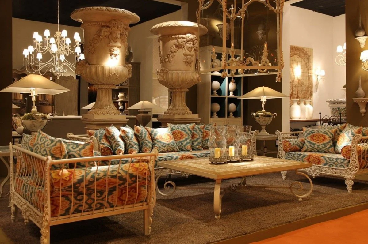 Casa Padrino Conjunto de Muebles de Hierro Forjado Barroco de Lujo Verde / Naranja / Blanco - 1 Sof¨¢ & 2 Sillones & 1 Mesa de Centro - Muebles de Sal¨®n - Muebles Jard¨ªn - Muebles Barrocos de Lujo