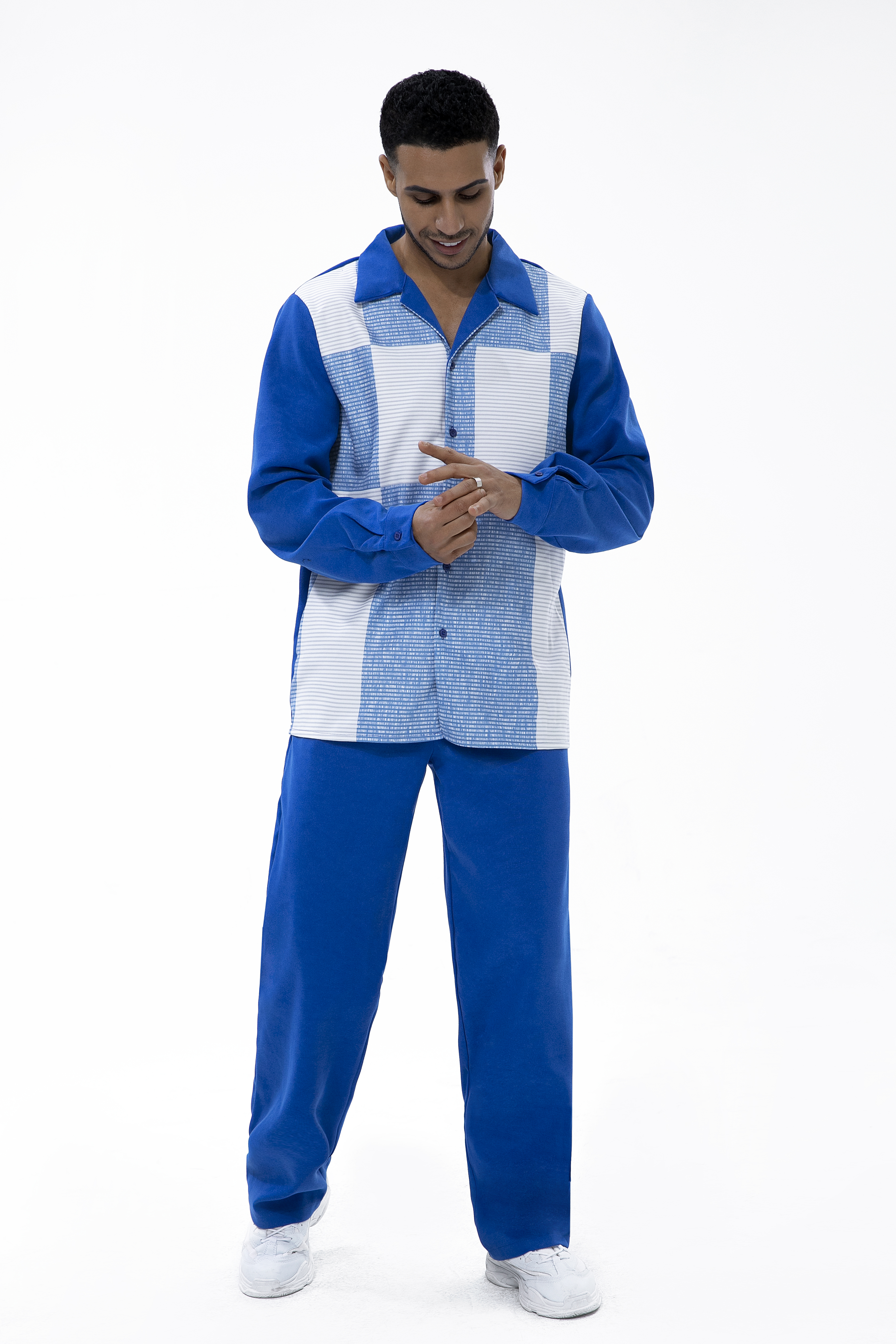 Suitmens Long Sleeve Trousers Blue Suede Two-Piece Walking Set