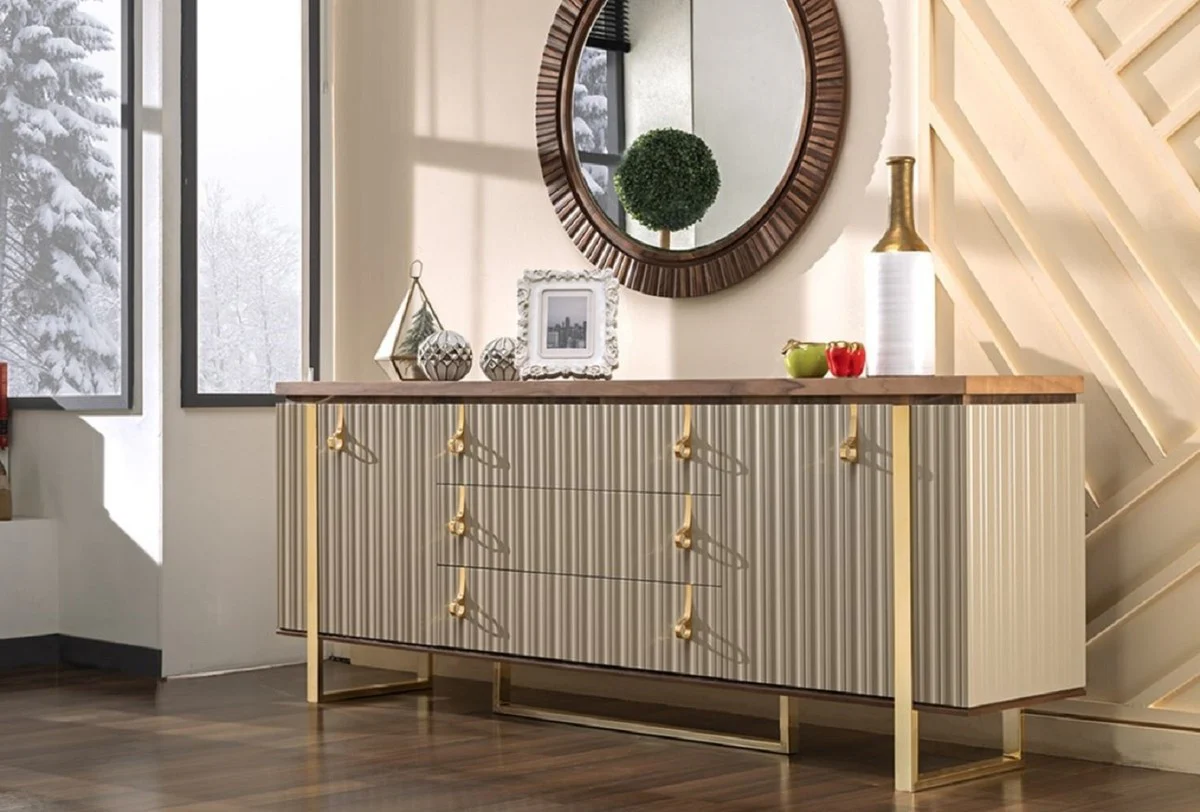 Casa Padrino aparador Art Deco de lujo gris / marrón / oro 200 x 42 x A. 80 cm - Gabinete noble de madera maciza con 2 puertas y 3 cajones - Muebles Art Deco - Muebles de lujo