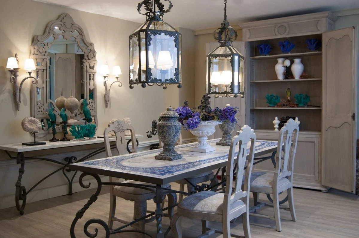 Casa Padrino mesa de comedor barroco de lujo con base gris / lat¨®n - Estructura de hierro forjado forjado a mano - Muebles de Jard¨ªn Patio Sala de Estar