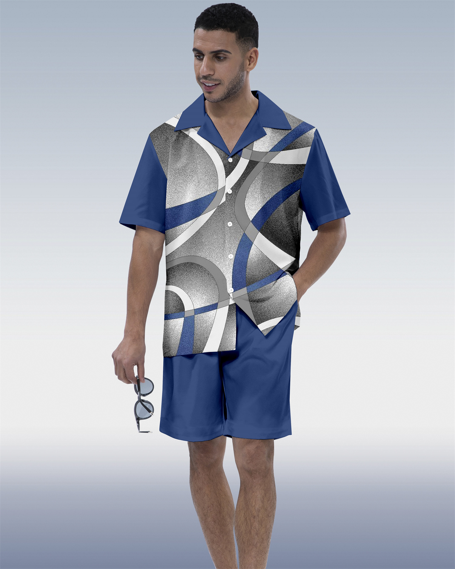 Suitmens Men's Abstract Art Contrast Geometric  Print Short Sleeve Set 131